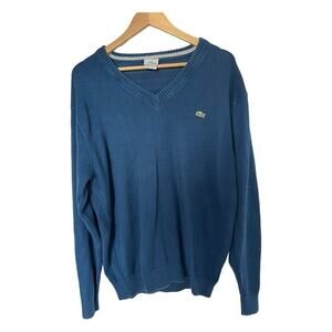 Vintage Lacoste Sweater Mens 5 (Large) Blue V-Neck Logo Jumper 100% Cotton Golf